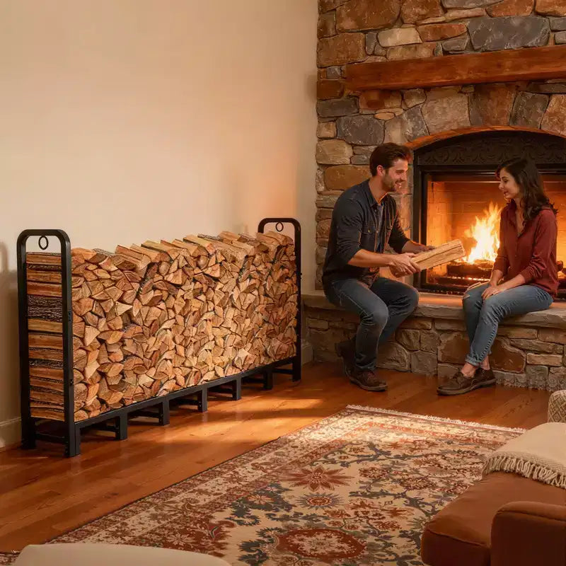 Range-bûches d'extérieur de 2,4 m, support de stockage de bois en métal, range-bûches réglable pour cheminée, patio, balcon, jardin, peut supporter jusqu'à 300 kg