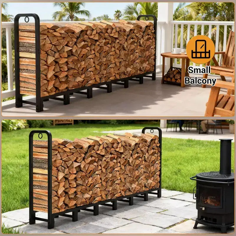 Range-bûches d'extérieur de 2,4 m, support de stockage de bois en métal, range-bûches réglable pour cheminée, patio, balcon, jardin, peut supporter jusqu'à 300 kg