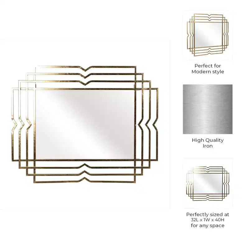 Miroir Cadre Métal Verre Fer Géométrique Superposé 40 Décoration Murale Dorée pour Maison Bureau Chambre Salon