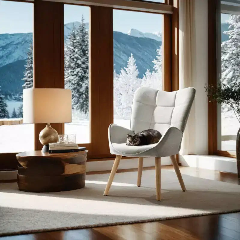 Fauteuil rembourré à dossier ailé touffeté, Fauteuil de salon en tissu, confortable et élégant, avec pieds en bois massif, Beige