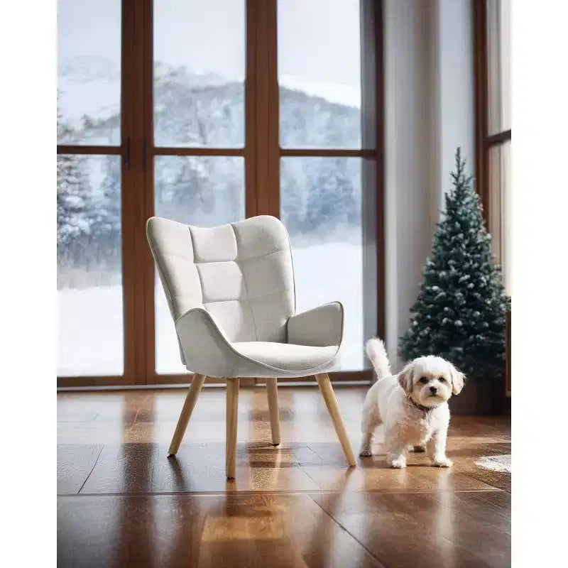 Upholstered Tufted Wingback Chair, Fabric Living Room Leisure Chair Comfortable Stylish with Solid Wood Legs, Beige