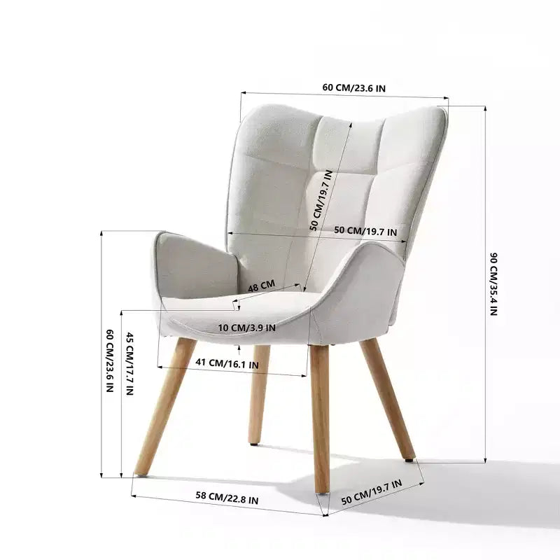 Fauteuil rembourré à dossier ailé touffeté, Fauteuil de salon en tissu, confortable et élégant, avec pieds en bois massif, Beige