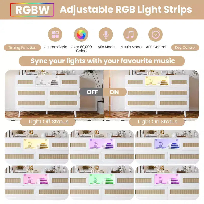 Tiroirs de rangement, commode en rotin à 6 tiroirs, lumières LED et station de charge, adaptés à la chambre de bébé, à l'entrée, au couloir