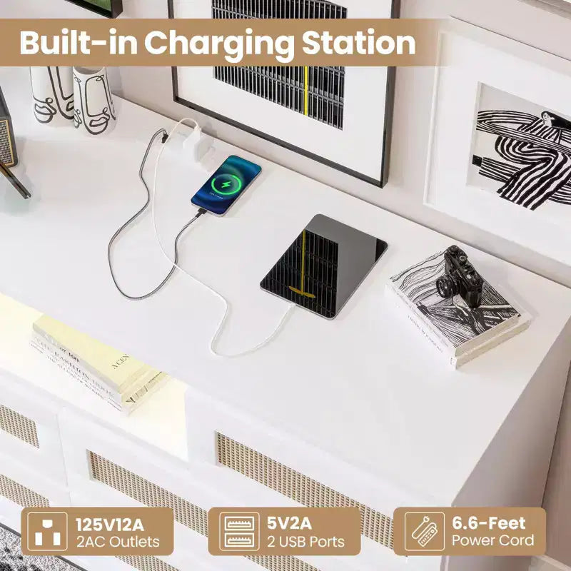 Tiroirs de rangement, commode en rotin à 6 tiroirs, lumières LED et station de charge, adaptés à la chambre de bébé, à l'entrée, au couloir