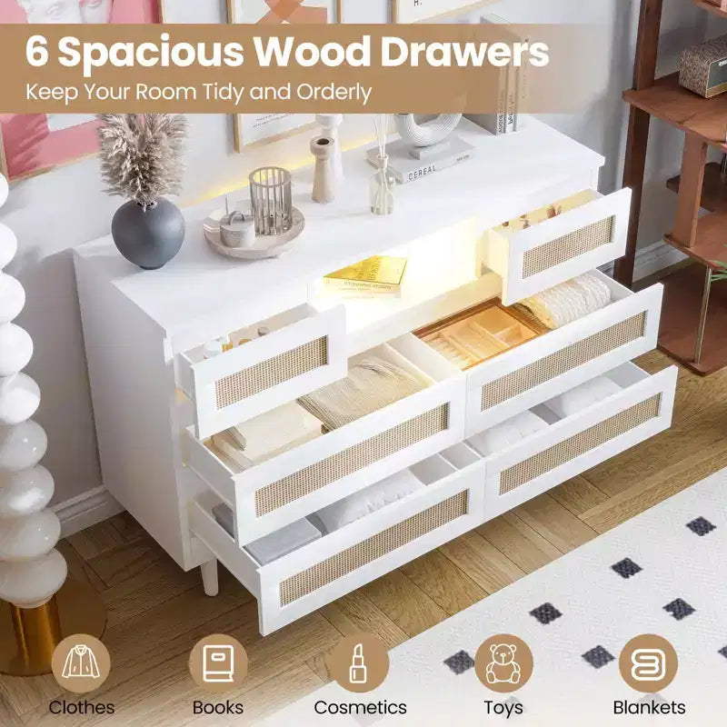Tiroirs de rangement, commode en rotin à 6 tiroirs, lumières LED et station de charge, adaptés à la chambre de bébé, à l'entrée, au couloir