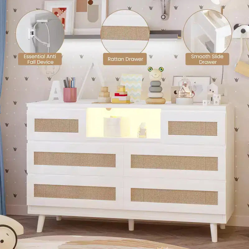 Tiroirs de rangement, commode en rotin à 6 tiroirs, lumières LED et station de charge, adaptés à la chambre de bébé, à l'entrée, au couloir