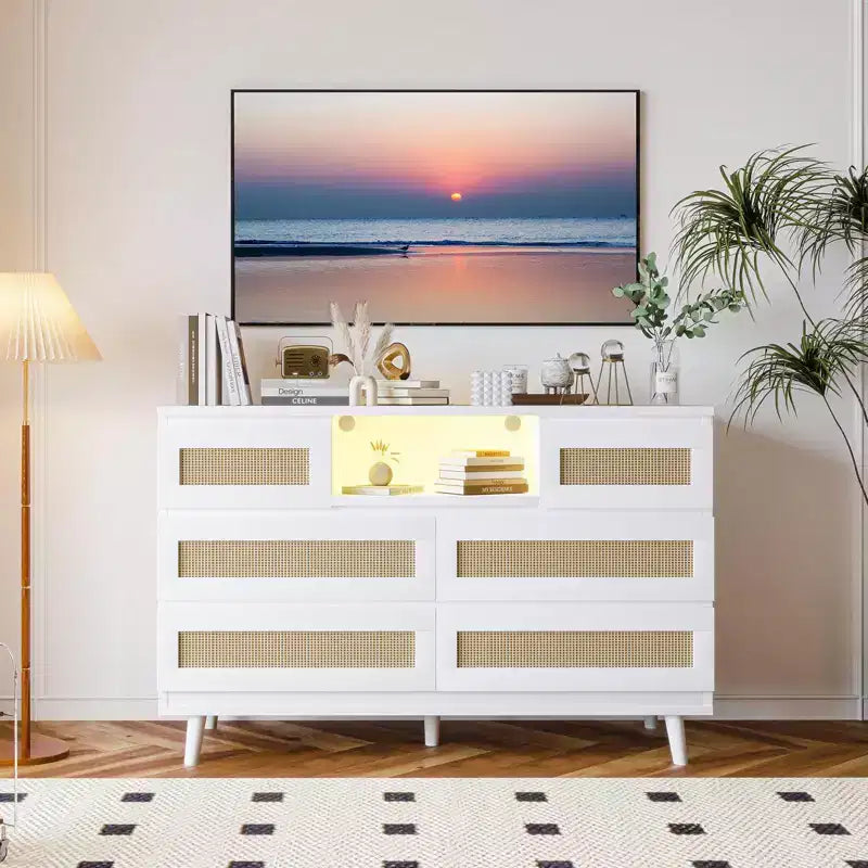 Tiroirs de rangement, commode en rotin à 6 tiroirs, lumières LED et station de charge, adaptés à la chambre de bébé, à l'entrée, au couloir