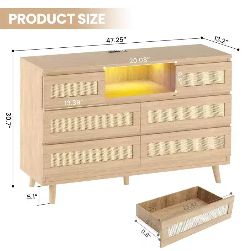 Tiroirs de rangement, commode en rotin à 6 tiroirs, lumières LED et station de charge, adaptés à la chambre de bébé, à l'entrée, au couloir