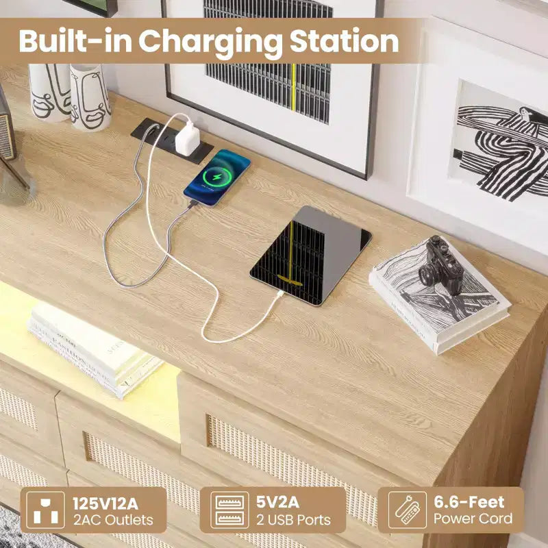 Tiroirs de rangement, commode en rotin à 6 tiroirs, lumières LED et station de charge, adaptés à la chambre de bébé, à l'entrée, au couloir