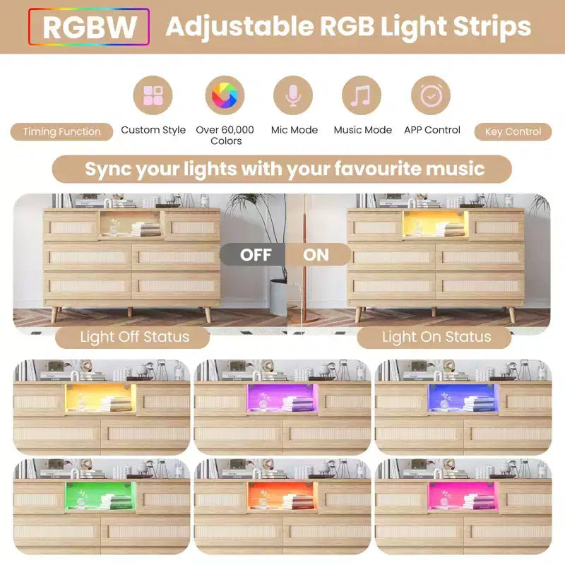 Tiroirs de rangement, commode en rotin à 6 tiroirs, lumières LED et station de charge, adaptés à la chambre de bébé, à l'entrée, au couloir