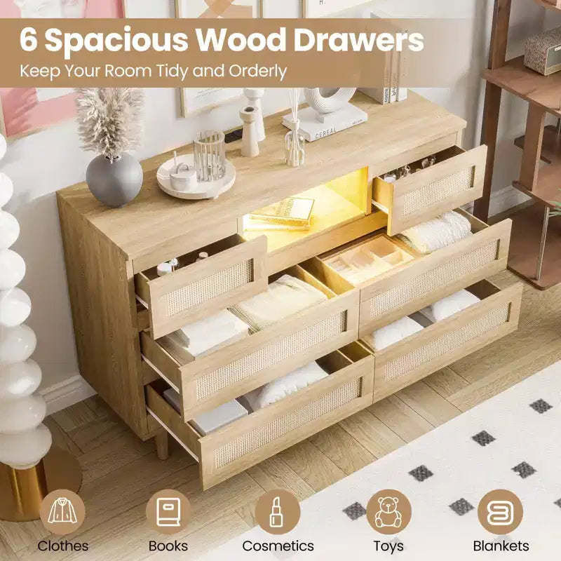 Tiroirs de rangement, commode en rotin à 6 tiroirs, lumières LED et station de charge, adaptés à la chambre de bébé, à l'entrée, au couloir