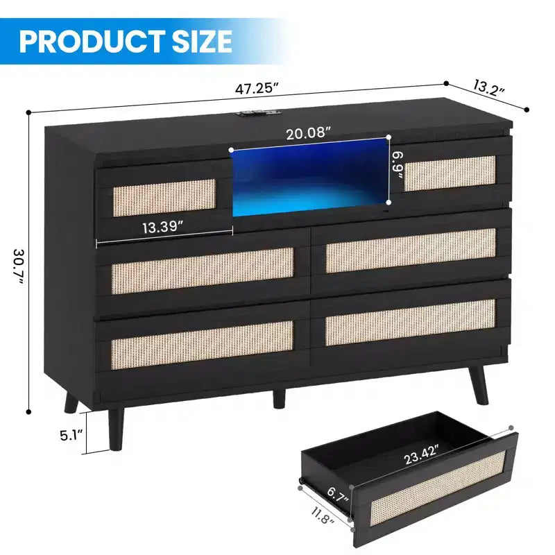Tiroirs de rangement, commode en rotin à 6 tiroirs, lumières LED et station de charge, adaptés à la chambre de bébé, à l'entrée, au couloir