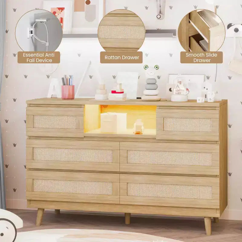 Tiroirs de rangement, commode en rotin à 6 tiroirs, lumières LED et station de charge, adaptés à la chambre de bébé, à l'entrée, au couloir