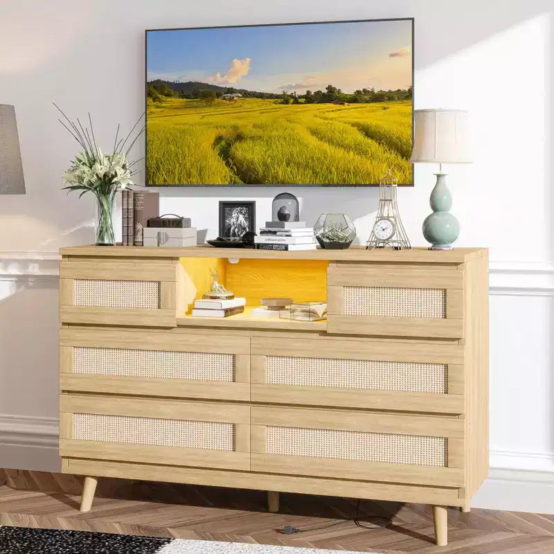 Tiroirs de rangement, commode en rotin à 6 tiroirs, lumières LED et station de charge, adaptés à la chambre de bébé, à l'entrée, au couloir