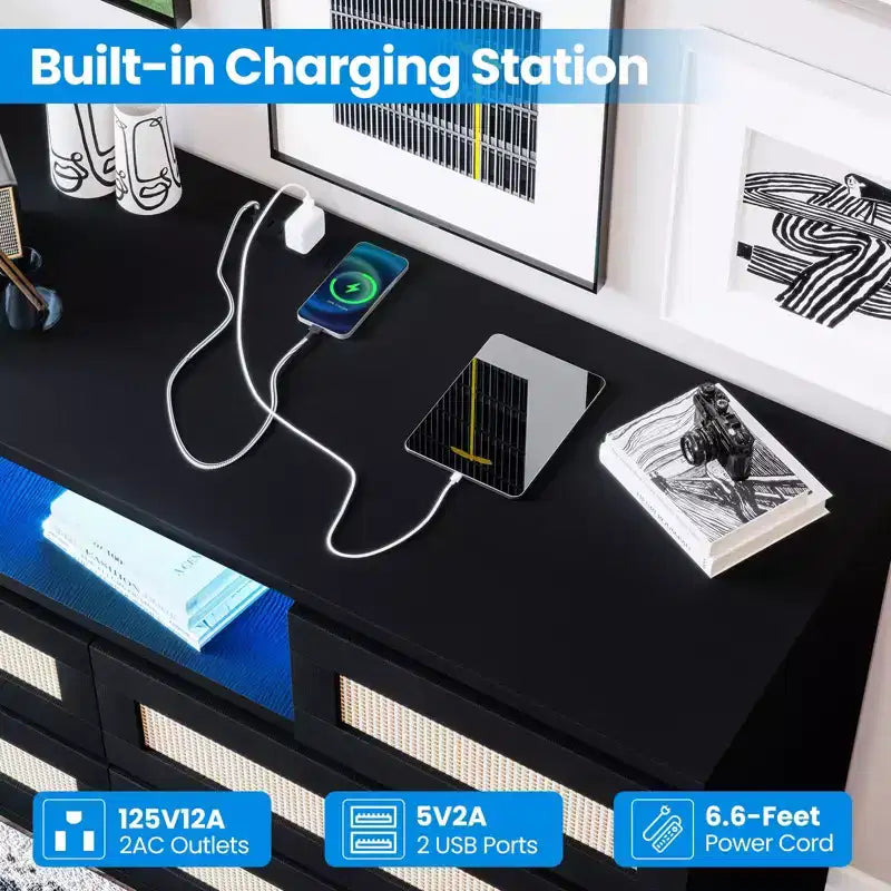 Tiroirs de rangement, commode en rotin à 6 tiroirs, lumières LED et station de charge, adaptés à la chambre de bébé, à l'entrée, au couloir