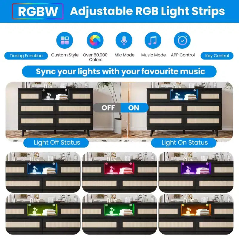 Tiroirs de rangement, commode en rotin à 6 tiroirs, lumières LED et station de charge, adaptés à la chambre de bébé, à l'entrée, au couloir