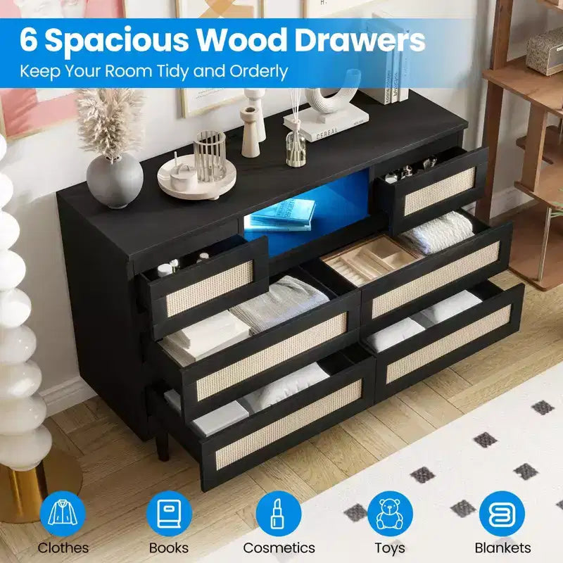 Tiroirs de rangement, commode en rotin à 6 tiroirs, lumières LED et station de charge, adaptés à la chambre de bébé, à l'entrée, au couloir