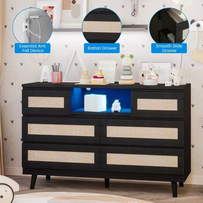 Tiroirs de rangement, commode en rotin à 6 tiroirs, lumières LED et station de charge, adaptés à la chambre de bébé, à l'entrée, au couloir
