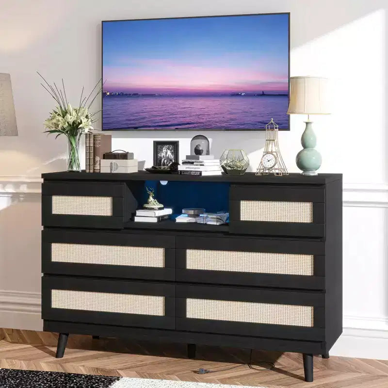 Tiroirs de rangement, commode en rotin à 6 tiroirs, lumières LED et station de charge, adaptés à la chambre de bébé, à l'entrée, au couloir