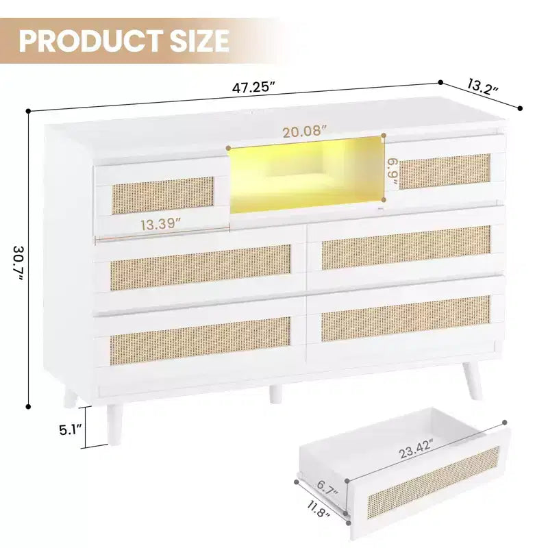 Tiroirs de rangement, commode en rotin à 6 tiroirs, lumières LED et station de charge, adaptés à la chambre de bébé, à l'entrée, au couloir