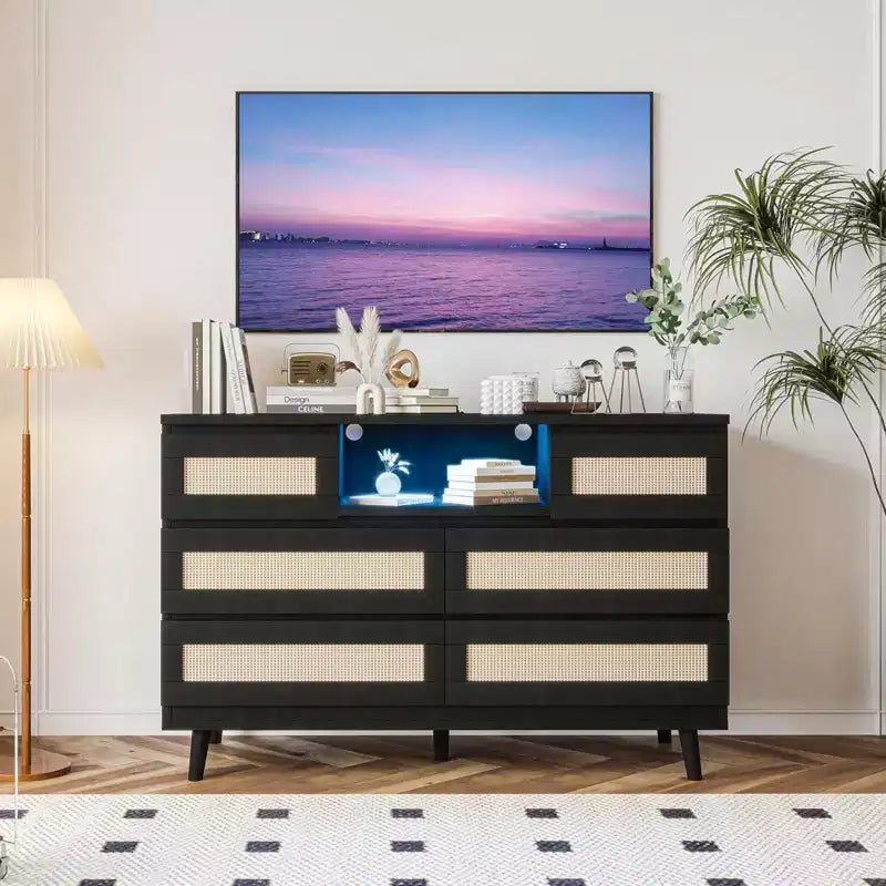 Storage drawers, rattan dresser with 6 drawers, LED lights and charging station, suitable for baby room, entryway, hallway