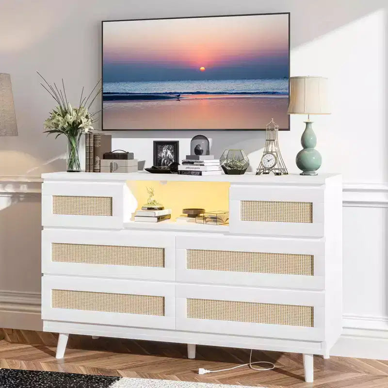 Tiroirs de rangement, commode en rotin à 6 tiroirs, lumières LED et station de charge, adaptés à la chambre de bébé, à l'entrée, au couloir