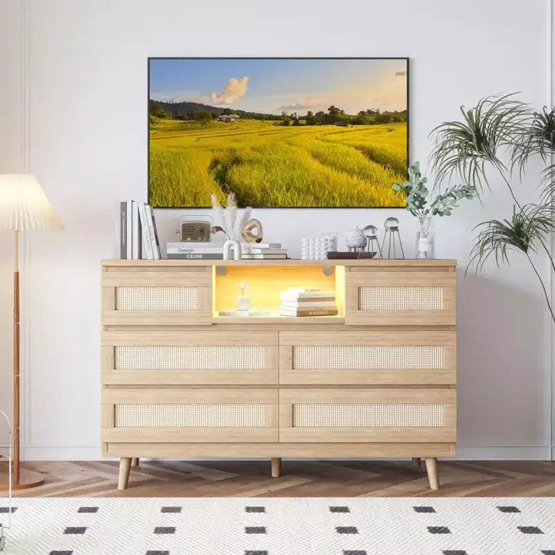 Tiroirs de rangement, commode en rotin à 6 tiroirs, lumières LED et station de charge, adaptés à la chambre de bébé, à l'entrée, au couloir