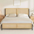 Queen Size Bed Frame with a Rattan Headboard and Footboard, Boho Queen Mattress Frame, No Need for a Box Spring, Noise-Free, Wooden Bed Frame