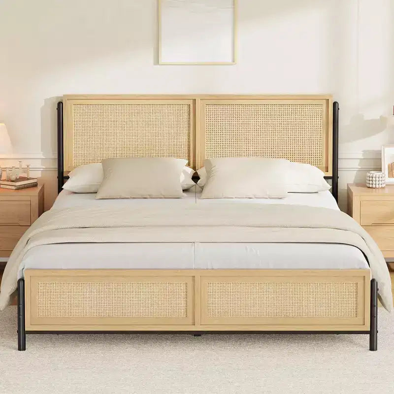 Queen Size Bed Frame with a Rattan Headboard and Footboard, Boho Queen Mattress Frame, No Need for a Box Spring, Noise-Free, Wooden Bed Frame
