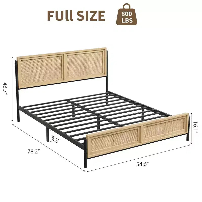 Cadre de lit Queen Size avec tête et pied de lit en rotin, Cadre de lit Queen Bohème, Pas besoin de sommier tapissier, Sans bruit, Cadre de lit en bois