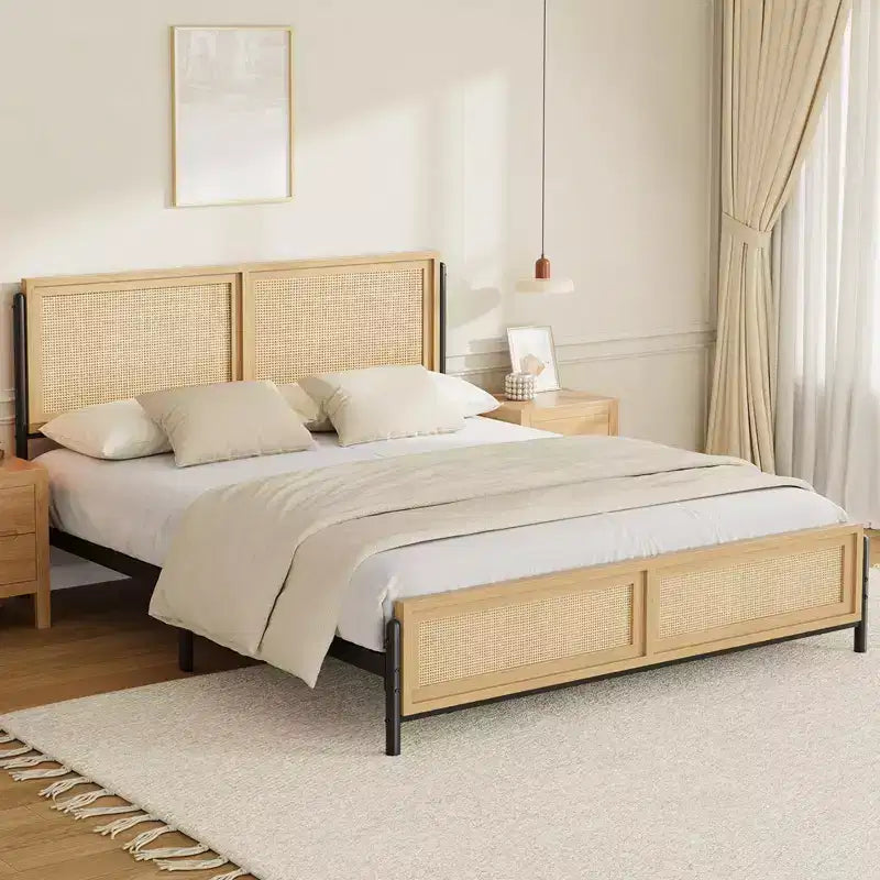Cadre de lit Queen Size avec tête et pied de lit en rotin, Cadre de lit Queen Bohème, Pas besoin de sommier tapissier, Sans bruit, Cadre de lit en bois