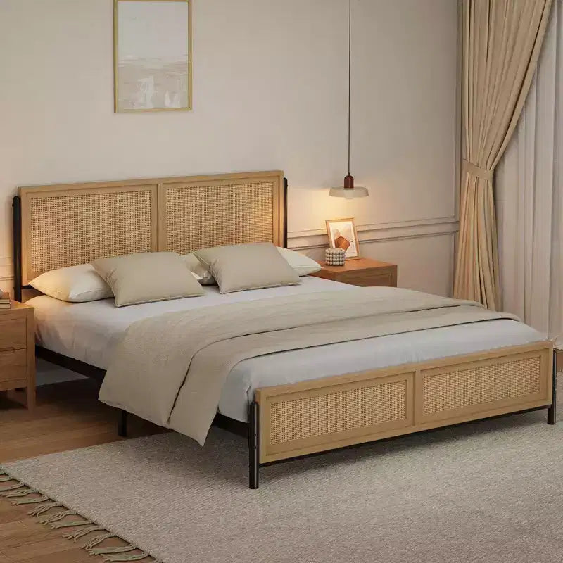 Cadre de lit Queen Size avec tête et pied de lit en rotin, Cadre de lit Queen Bohème, Pas besoin de sommier tapissier, Sans bruit, Cadre de lit en bois