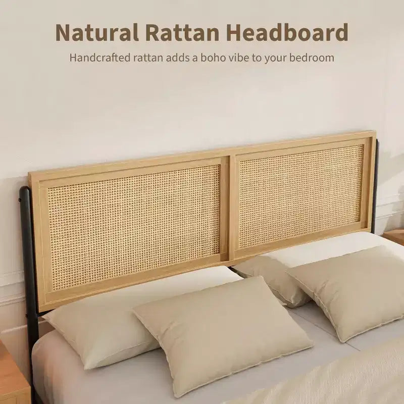 Queen Size Bed Frame with a Rattan Headboard and Footboard, Boho Queen Mattress Frame, No Need for a Box Spring, Noise-Free, Wooden Bed Frame