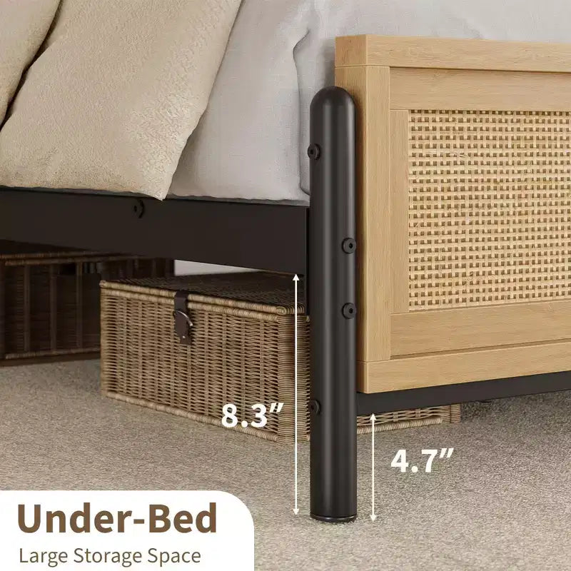 Cadre de lit Queen Size avec tête et pied de lit en rotin, Cadre de lit Queen Bohème, Pas besoin de sommier tapissier, Sans bruit, Cadre de lit en bois