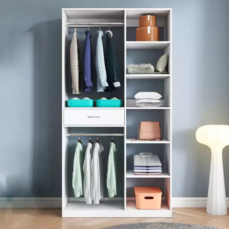 74 Systèmes et rangements pour placards, Système de coin avec tiroirs, 8 étagères, 2 tringles de suspension, Étagères de placard autoportantes en bois pour dressing