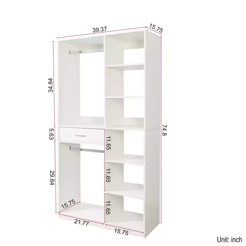 74 Systèmes et rangements pour placards, Système de coin avec tiroirs, 8 étagères, 2 tringles de suspension, Étagères de placard autoportantes en bois pour dressing