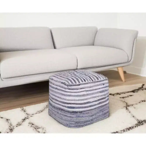 18 Blue Cotton Cube Striped Pouf Ottoman