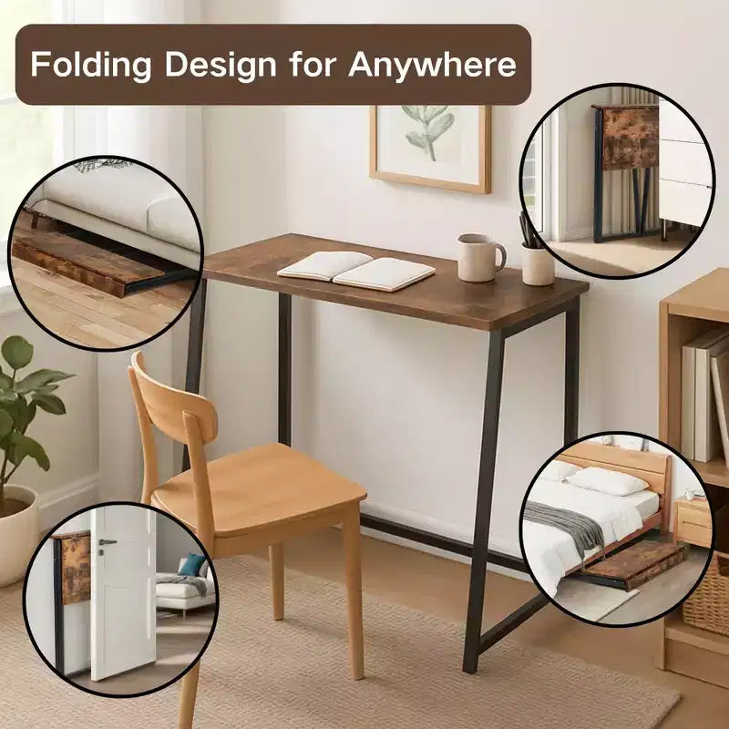 Folding Home Office Desk, 31.5 Inches Foldable Table, Space Saving Computer Study Desk Compact Writing Workstation for Small Space, Brown