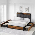 Bed Frame with Storage Headboard and Charging Station,Vintage Brown Platform