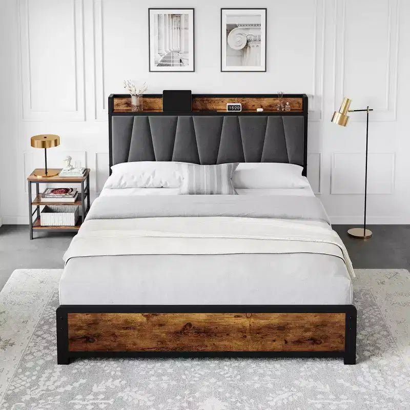 Bed Frame with Storage Headboard and Charging Station,Vintage Brown Platform