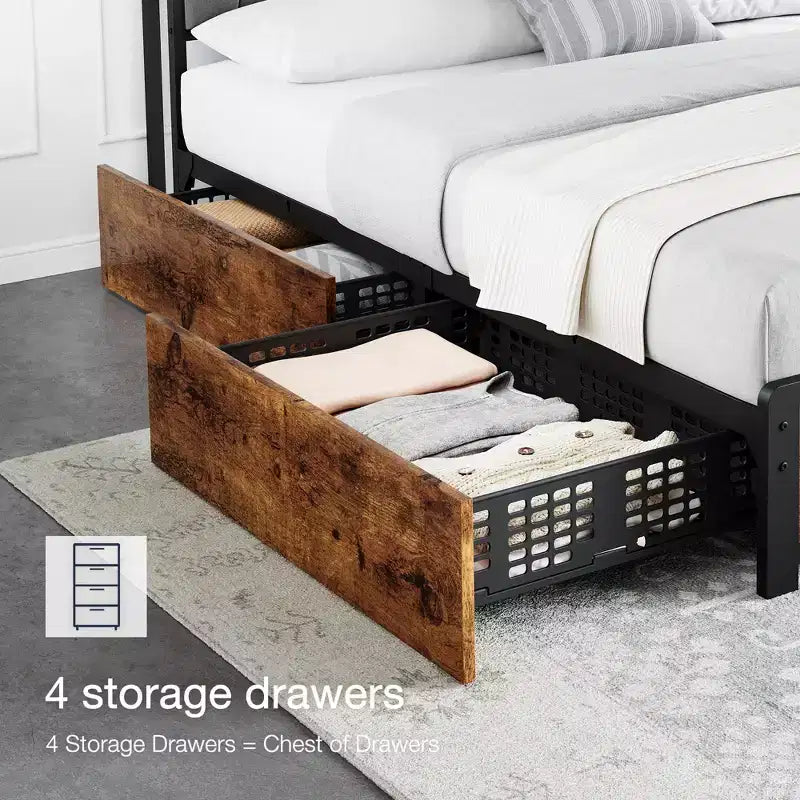 Cadre de lit avec tête de lit de rangement et station de charge, plateforme marron vintage