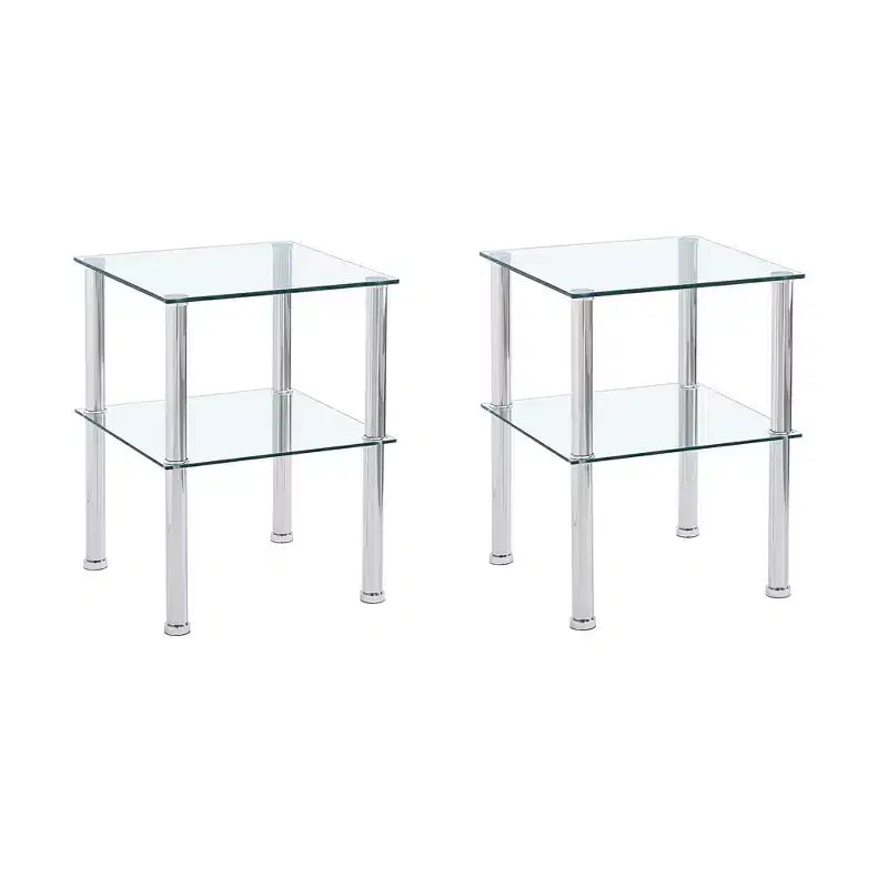 HomeRoots Set of Two Clear and Silver Glass and Metal Square End Tables With Shelf