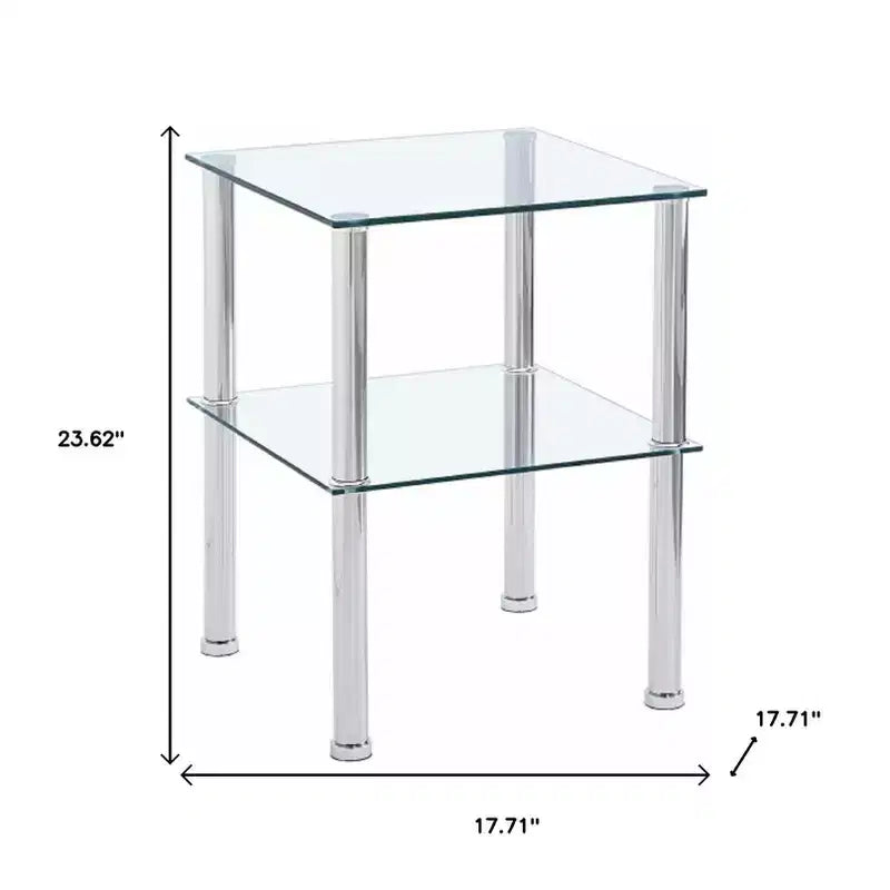 Lot de deux tables d'appoint carrées en verre et métal transparent et argenté avec étagère