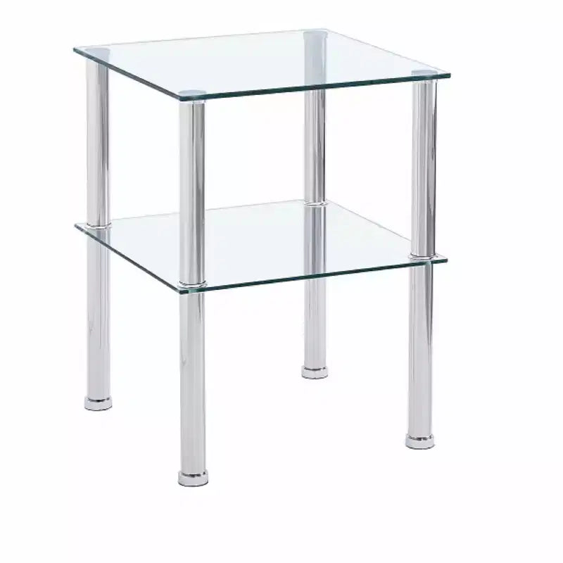 Set of Two Clear and Silver Glass and Metal Square End Tables With Shelf