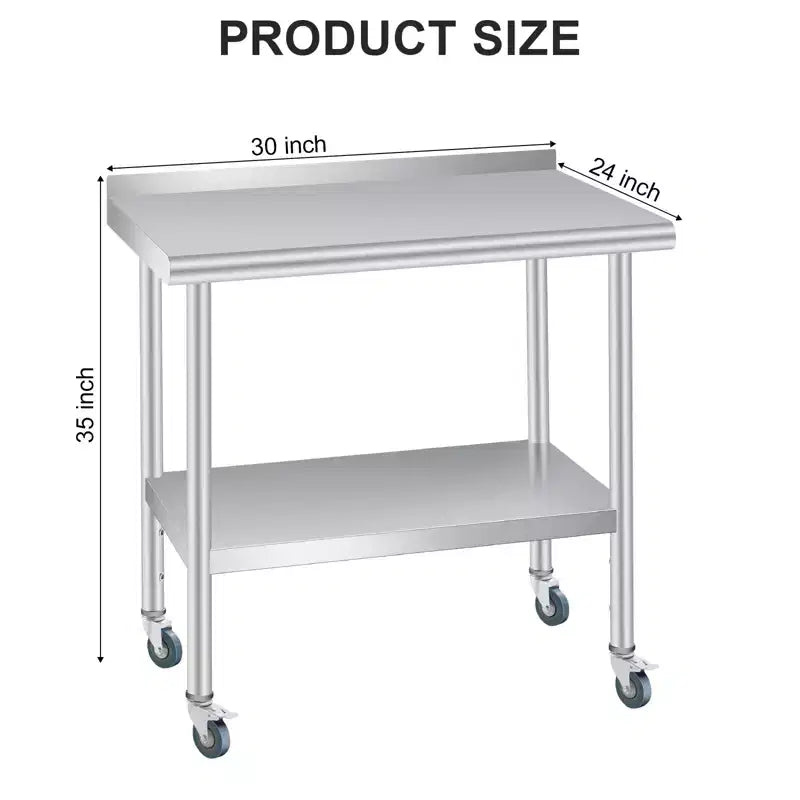Table en acier inoxydable, table de préparation commerciale en métal robuste avec étagères de rangement ouvertes et panneau arrière, adaptée aux cuisines de restaurant, aux hôtels domestiques.