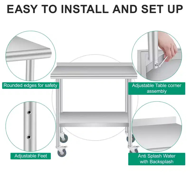 Stainless Steel Table, Heavy Duty Metal Commercial Prep Table With Open Storage Shelves And Back Panel, Suitable For Restaurant Kitchens, Home Hotels