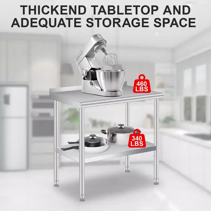 Table en acier inoxydable, table de préparation commerciale en métal robuste avec étagères de rangement ouvertes et panneau arrière, adaptée aux cuisines de restaurant, aux hôtels domestiques.