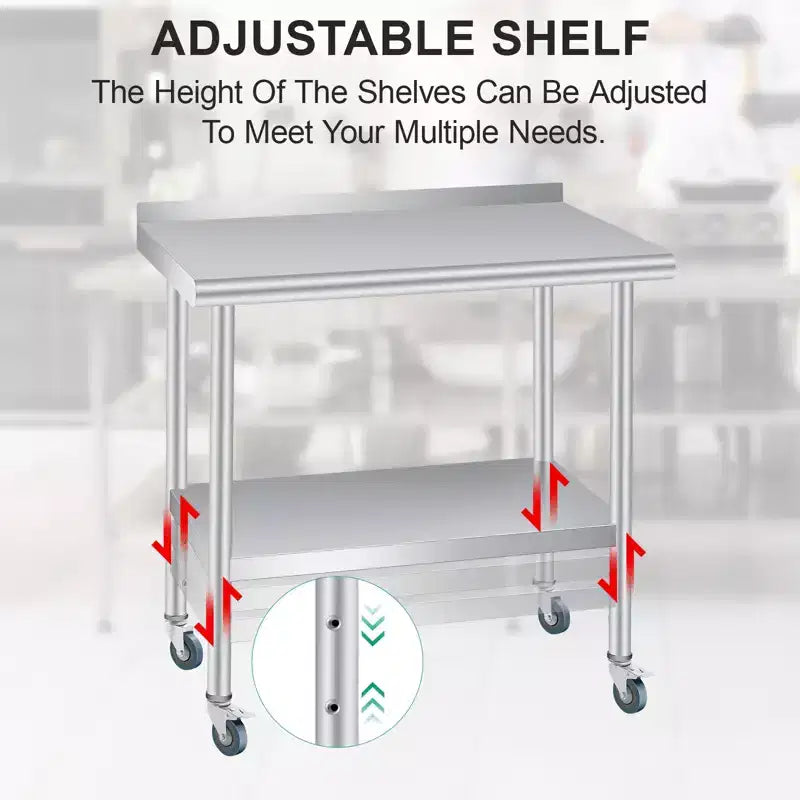 Table en acier inoxydable, table de préparation commerciale en métal robuste avec étagères de rangement ouvertes et panneau arrière, adaptée aux cuisines de restaurant, aux hôtels domestiques.