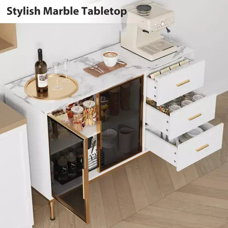 3 tiroirs, 2 portes vitrées, buffet de cuisine en marbre pour salle à manger, cuisine, salon, salle à manger, noir