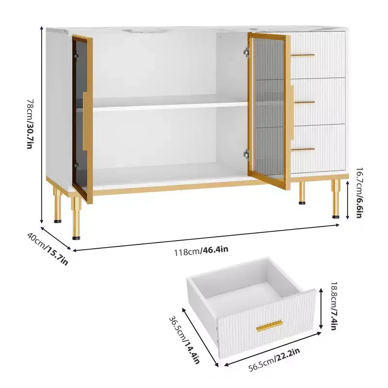 3 tiroirs, 2 portes vitrées, buffet de cuisine en marbre pour salle à manger, cuisine, salon, salle à manger, noir